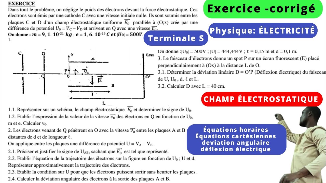 Mouvement d'une particule dans un champ &eacute;lectrostatique unif#Exo_Corrig&eacute;#CHAMP E#