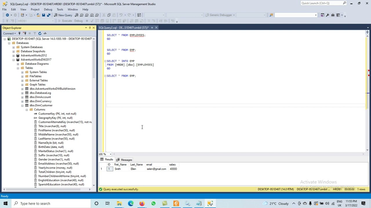 How to Create One Table From Another  Database Table in SQL Server