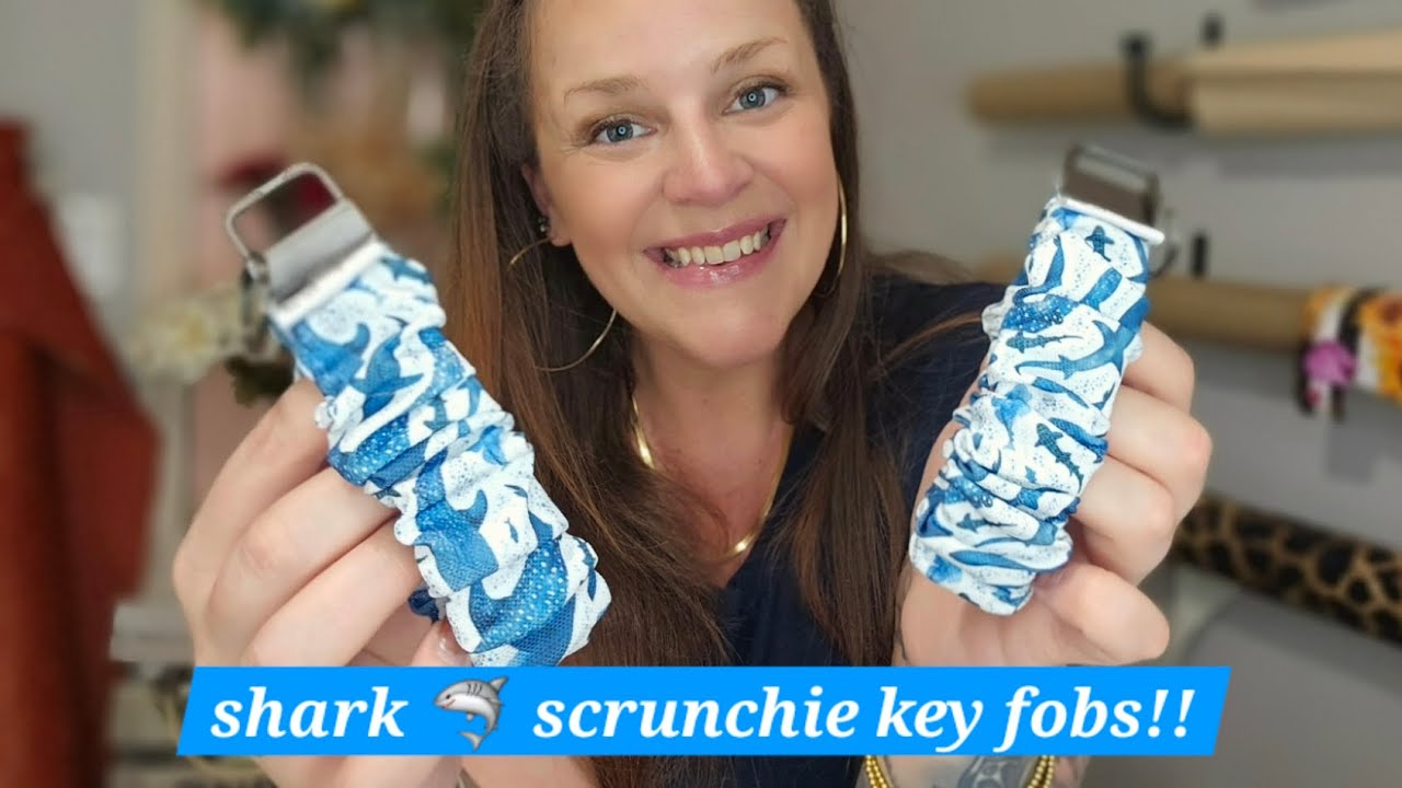 How to SEW Scrunchie Key Fobs!! NO pattern needed, measurements included 🦈 Recycled Canvas ♻️