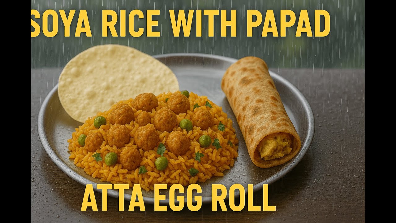 Soya Rice, Papad & Atta Egg Roll Combo | বৃষ্টিভেজা দিনের খাবার: সয়াবিন ভাত, পাপড় ও আটা এগ রোল |
