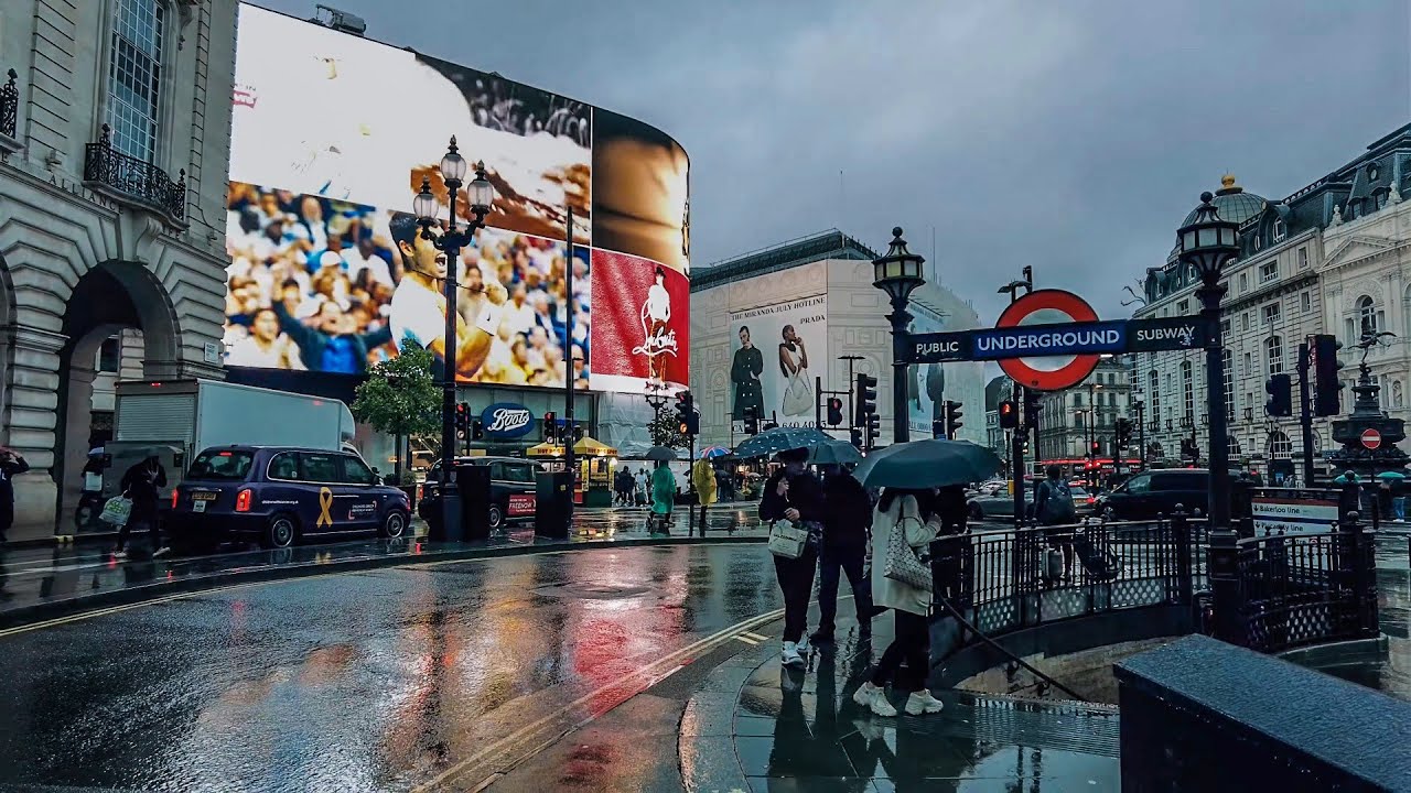 Heavy Rain Hits Central London ☔ Summer Sunset to Dusk Evening Walk. 4K ASMR SOUND