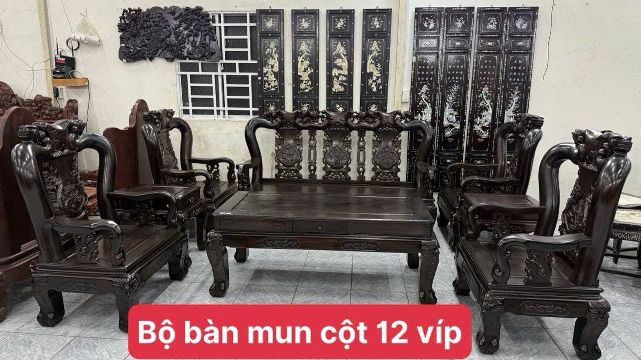 Báo giá bộ bàn hỗ mun cột 12 siêu đẹp, tranh tứ quý khảm ốc, bàn ăn 9 món cao cấp, đôn,đồ xưa Mekong