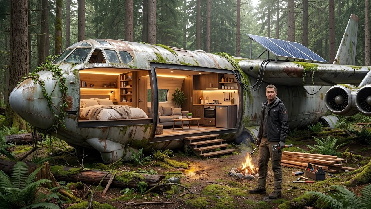 He Turn An Abondand Airplane Into A Cozy Shelter||Forest Survival Builds||Building Inside a Airplane