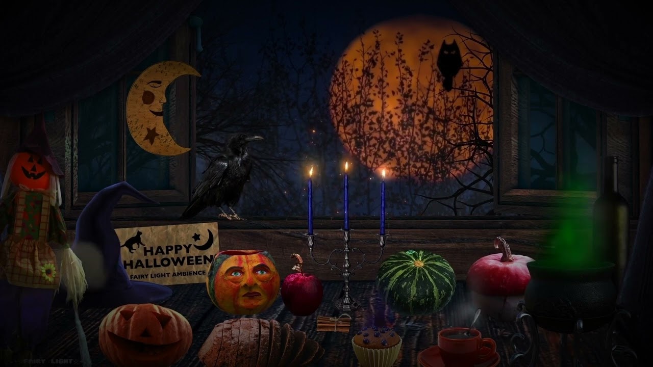 HALLOWEEN WITCH'S WINDOW AMBIENCE★WITCH'S CUPCAKE, CAULDRON, WIND CHIMES🎃✨☕️🧙‍♀️🌙🍎