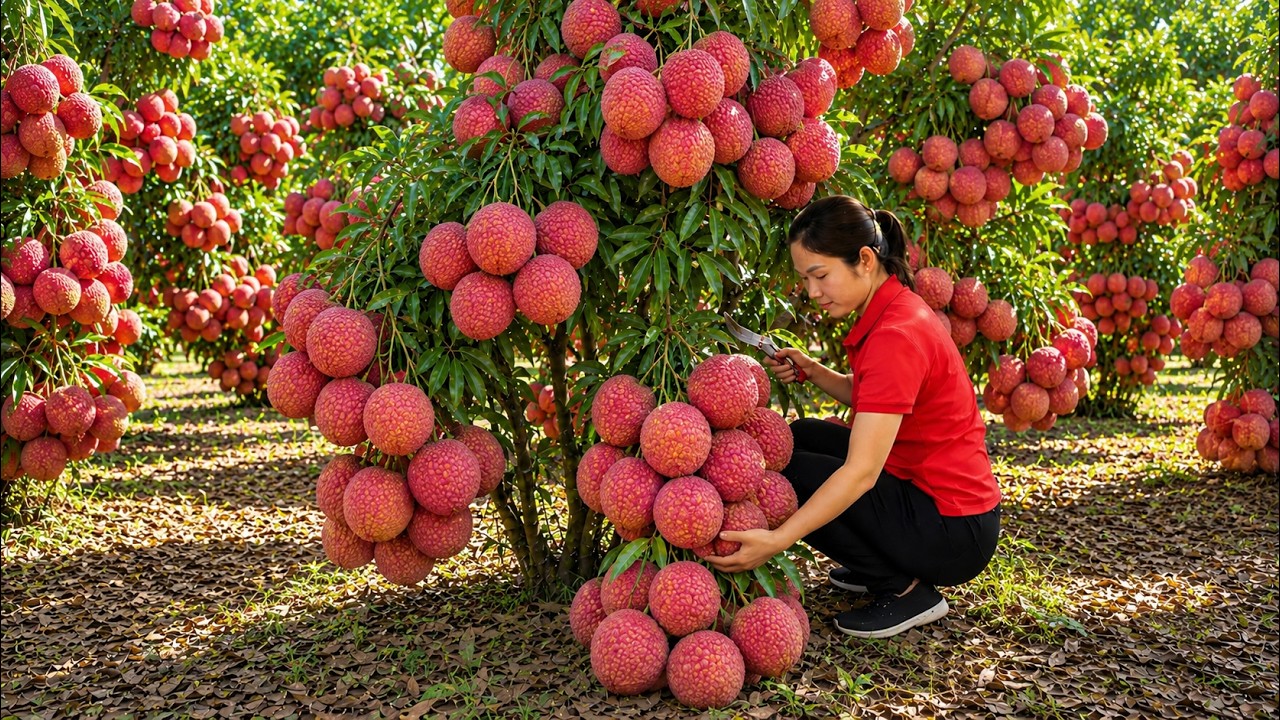 Harvesting 1000 + Kg Giant Cluster of Ripe Red Lychees To Sell At Market | Tieu Ca Free Bushcraft