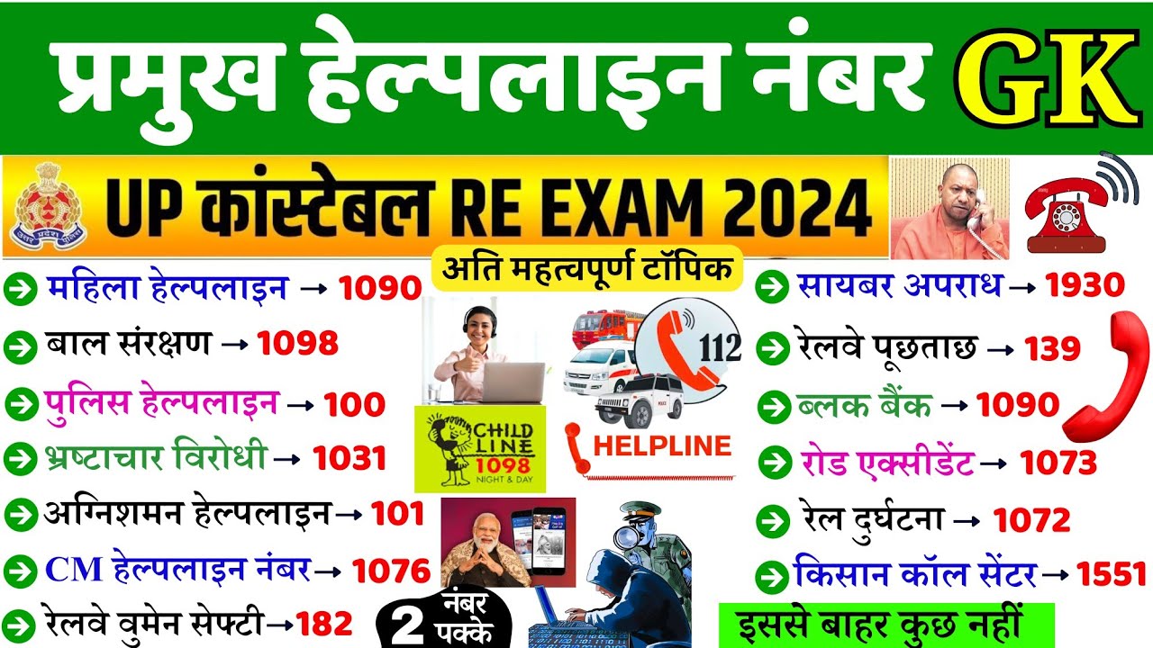 UP GK | Helpline Numbers List, UP Helpline Number, UP GK For UP Police Re-Exam 2024 , आपातकालीन नंबर