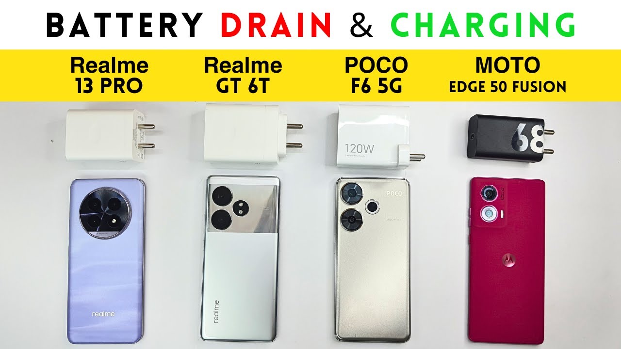 (5G) BATTERY Drain & Charging Test🔋 Realme 13 Pro vs Realme GT 6T vs POCO F6 vs Moto Edge 50 Fusion🔥
