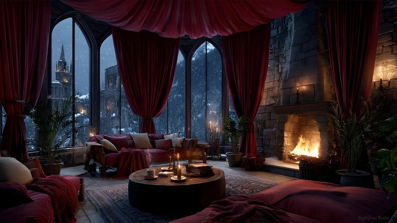 Fireplace & Snowfall Sounds for Deep Sleep | Castle Common Room 🔥❄️| 8 Hours Cozy Ambience