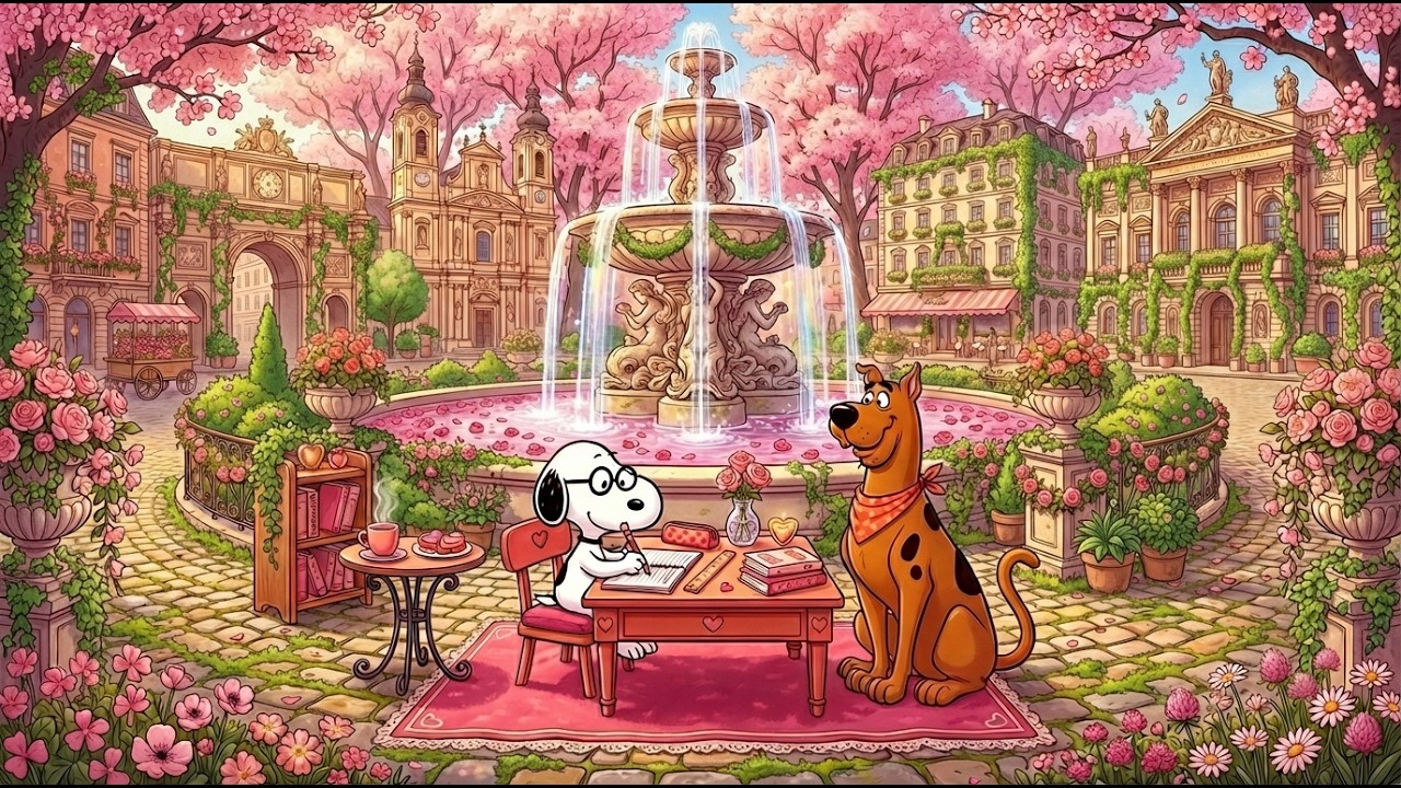 Snoopy Studying by the Spring Fountain 🌸 Smooth Jazz for Classroom & Homework Focus 📚