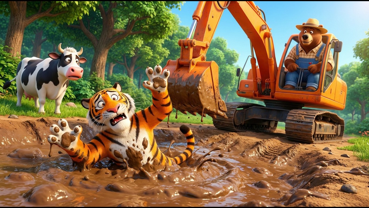 Oh No! Tiger is STUCK in Mud! 😱 Bear Farmer Excavator & Digger Rescue Team | Farm Cartoon