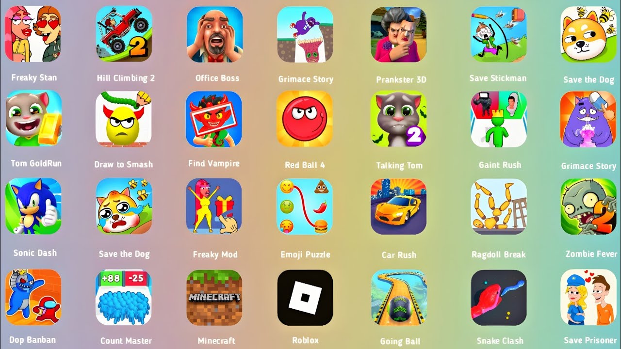 Roblox,Barry's Prison,Poppy Playtime 4,Scary Teacher 3D,Granny,Stumble Guys,Insane Bike Racing,Min..