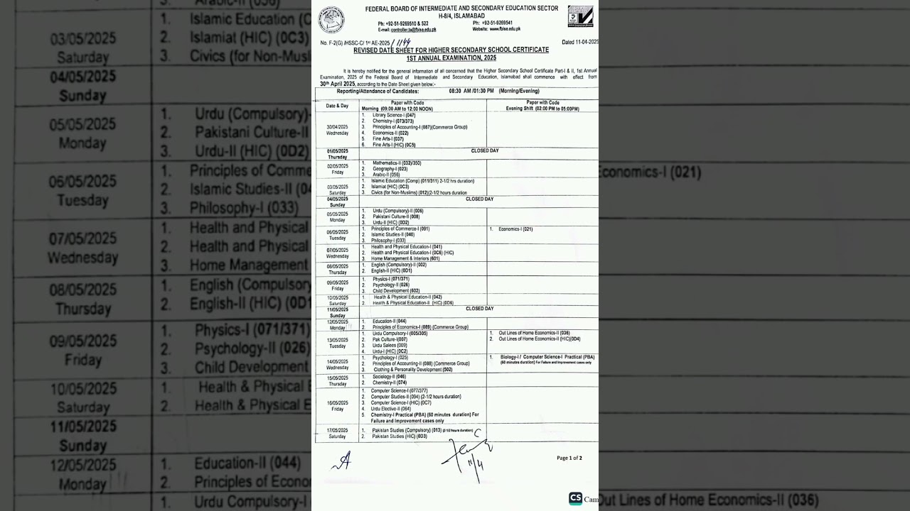 Fbise HSSC 1 & 2 Date Sheet Announced 2025 1st Annual Exam 2025 Federal Board 1st year 2nd year Exam