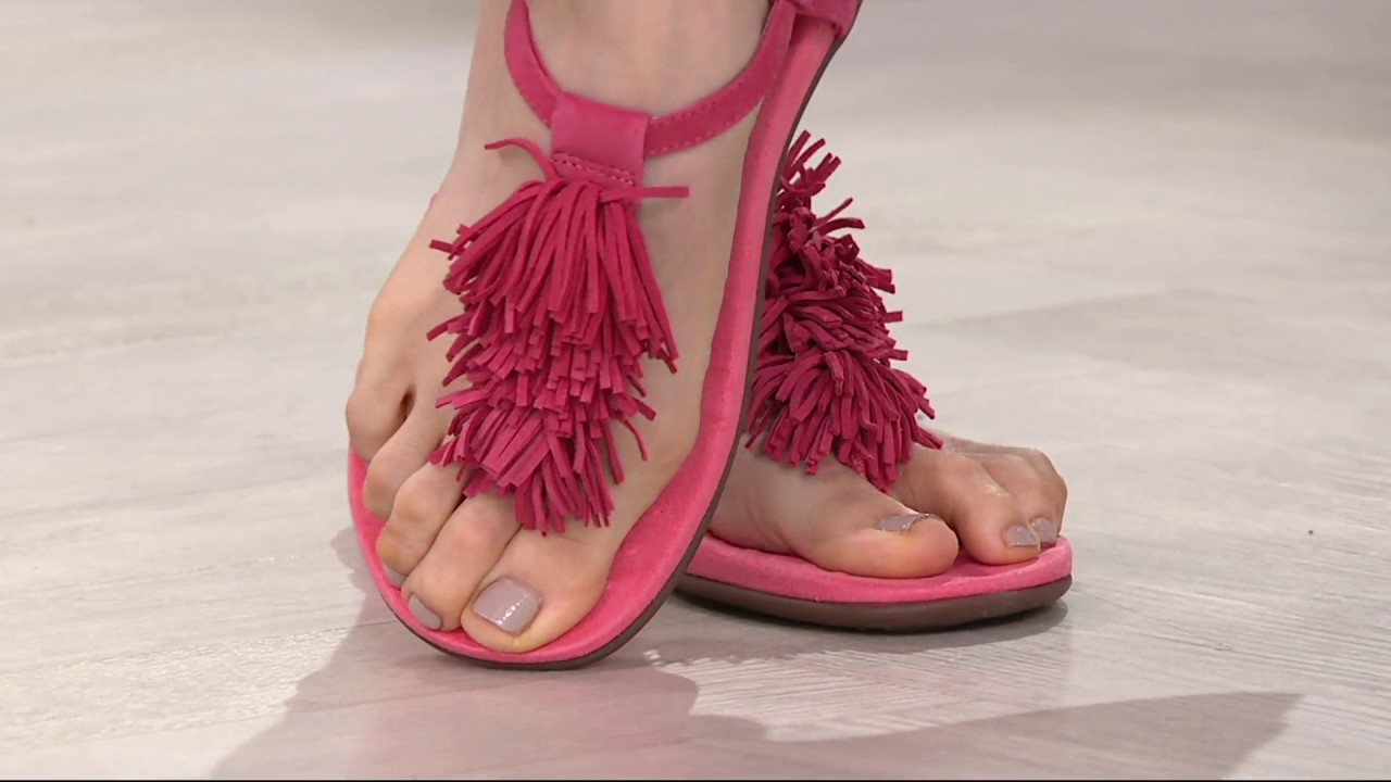 Vionic Orthotic Suede Fringe T-Strap Sandals - Sosha on QVC