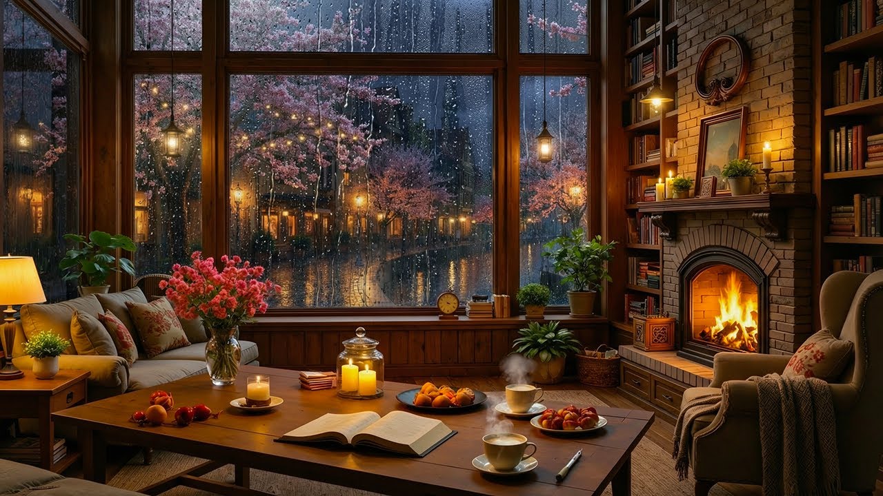 Warm Rainy Coffee Shop | Relaxing Jazz Instrumental & Fireplace Sounds for Study and Work