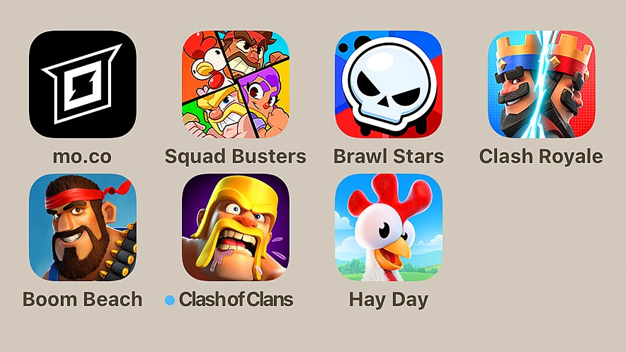 All SuperCell Games 2010-2025: mo.co,Squad Busters,Brawl Stars,Clash Royale,BoomBeach,Clash of Clans