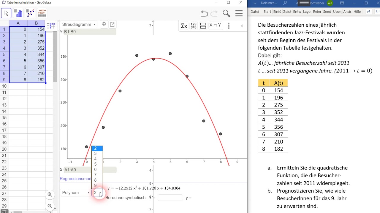 Quadratische Regression mit Geogebra