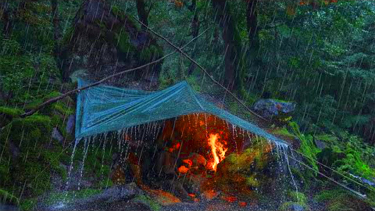 Surviving a Brutal Rainstorm in the Deep Forest | Solo Shelter, Fire & Extreme Wilderness Challenge