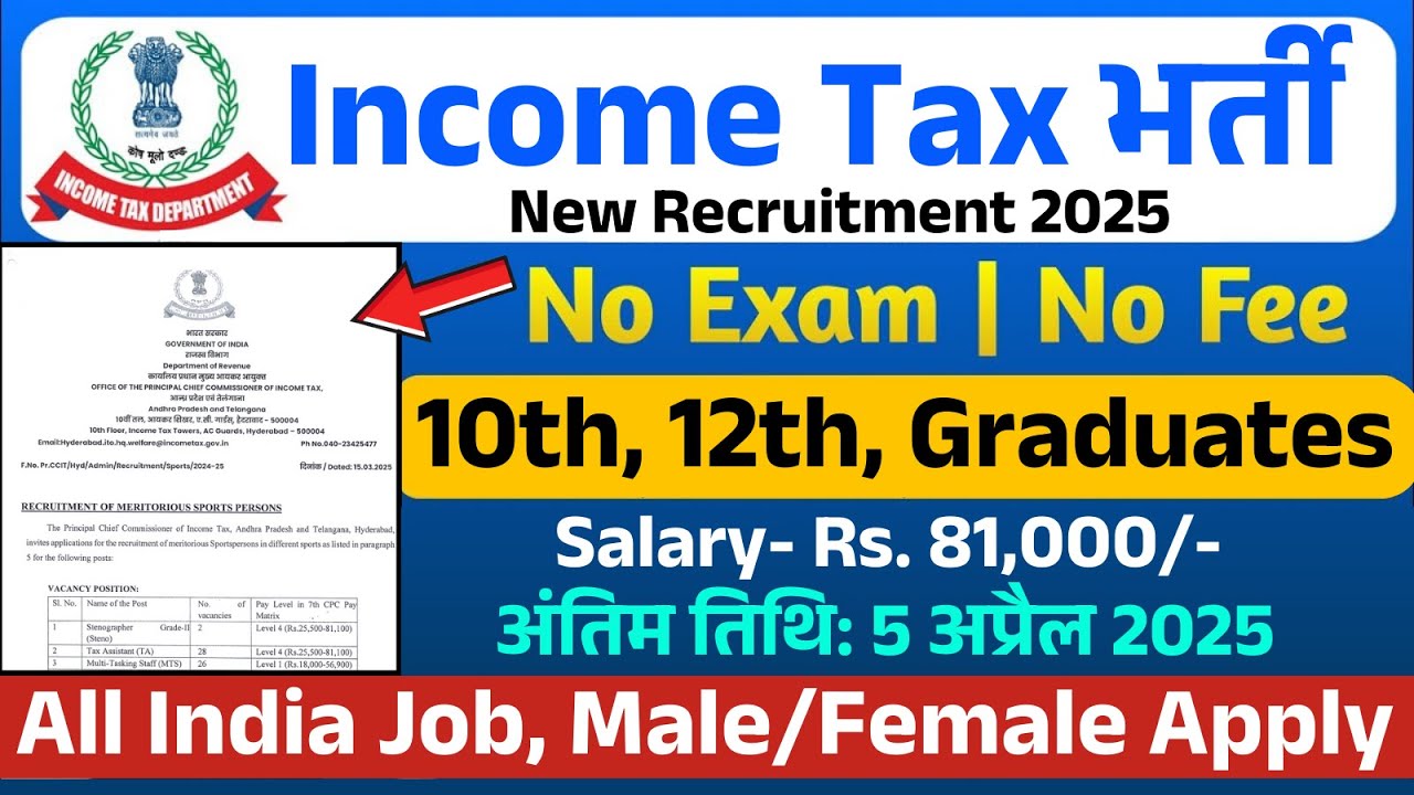 आयकर विभाग भर्ती 2025 | Income Tax New Vacancy 2025 | Income Tax Recruitment 2025 | New Vacancy 2025