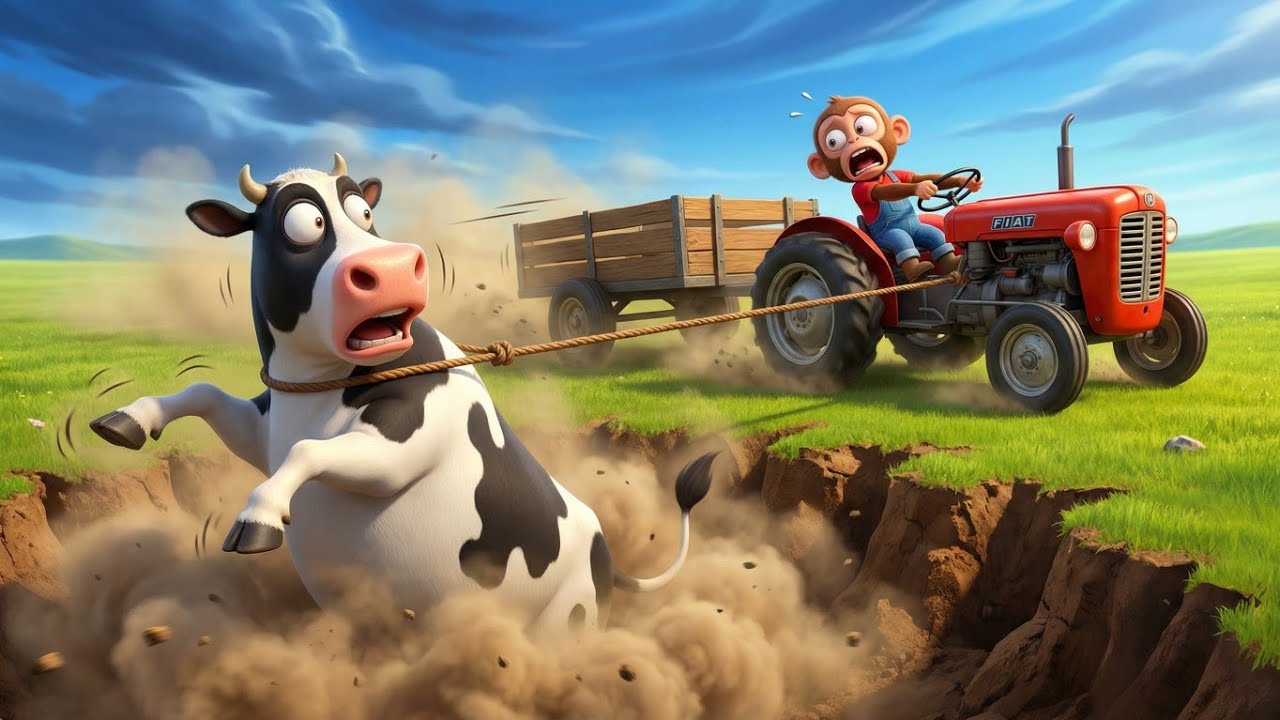 Angry Cow Fell Into a Pit 😱 Baby Monkey Saves Her Using Tractor 🚜 | Shocking Cartoon