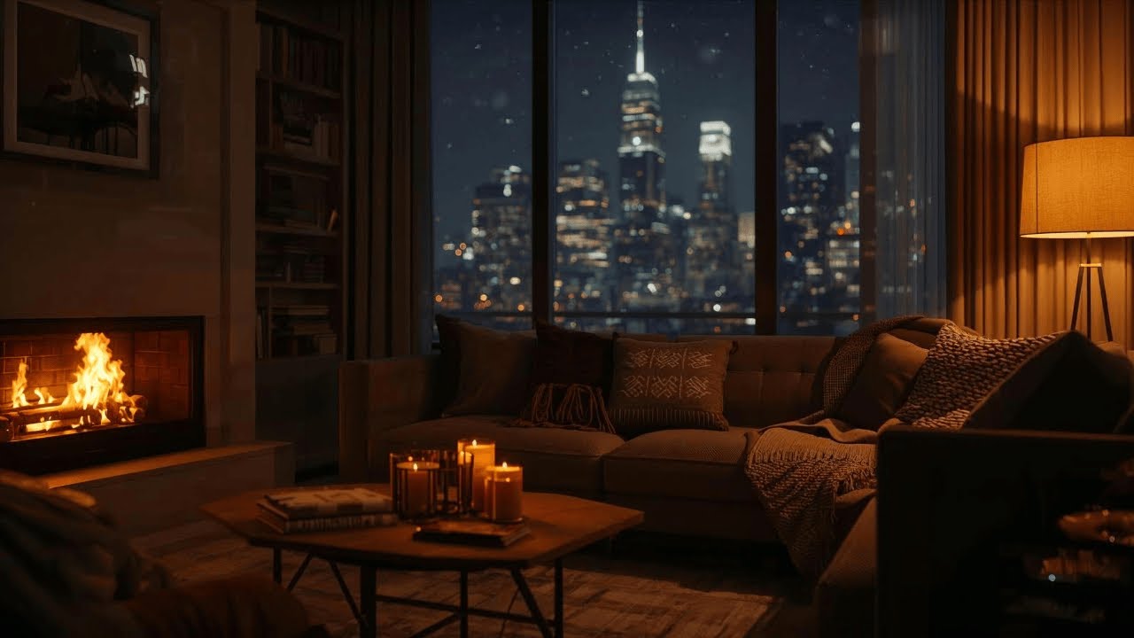 Cozy City Skyline Loft – Crackling Fireplace & City Night Ambience 🌃🔥