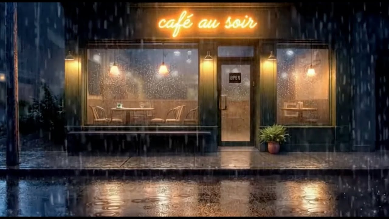 Midnight Rain on the Café Streetfront: Glistening Pavement Ambience