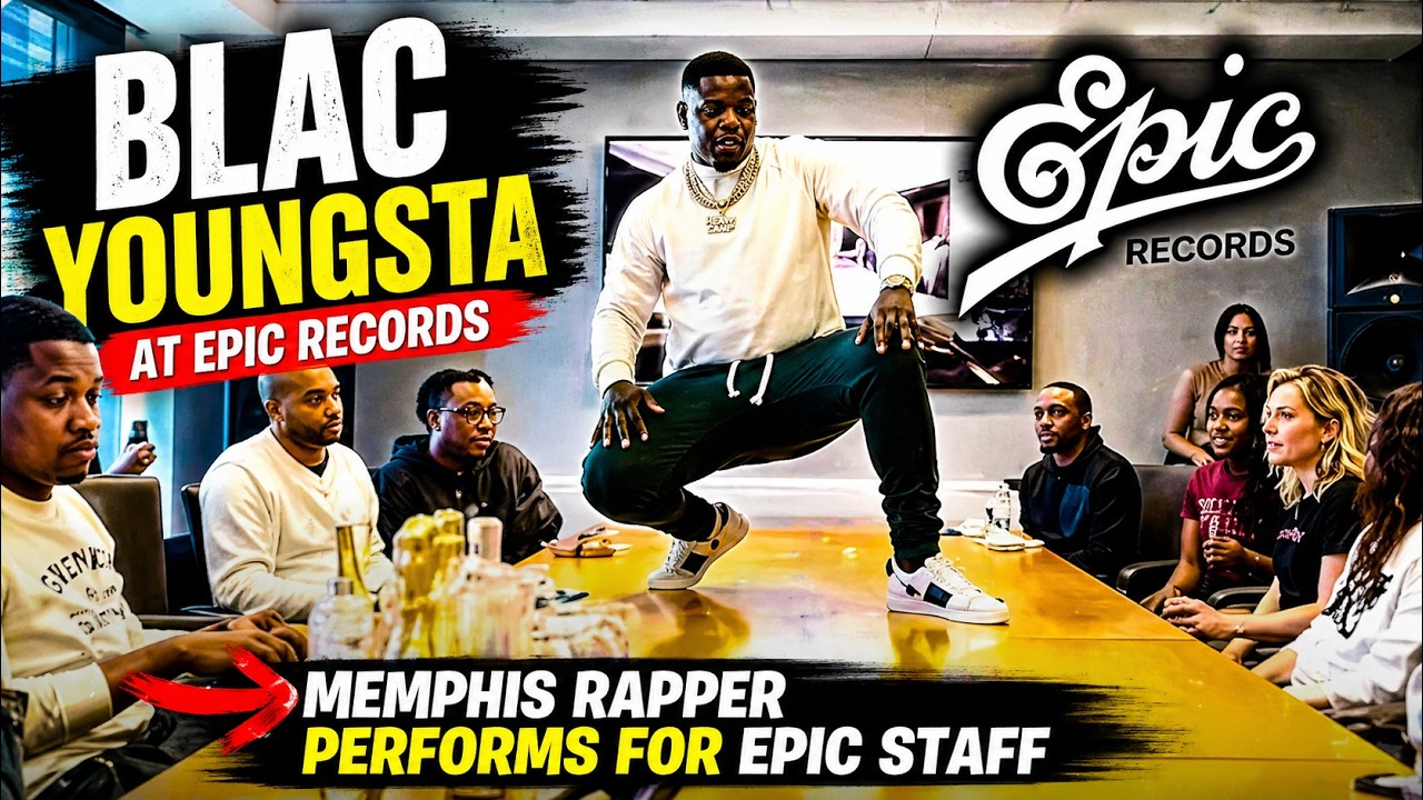 Memphis Rapper Blac Youngsta performs in front of staff at Epic Records in Los Angeles