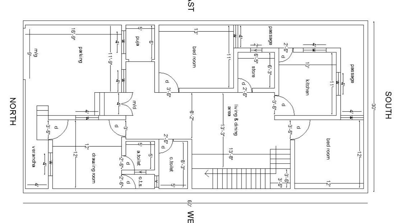 30x60 north facing house plan | 3 bhk north face house plan with parking and puja room