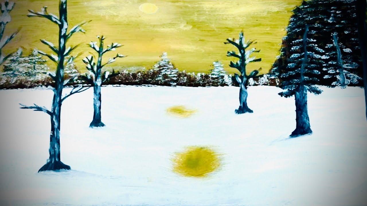 Golden winter Landscape painting snowy forest scenery peacest snow landscape with trees easy paint