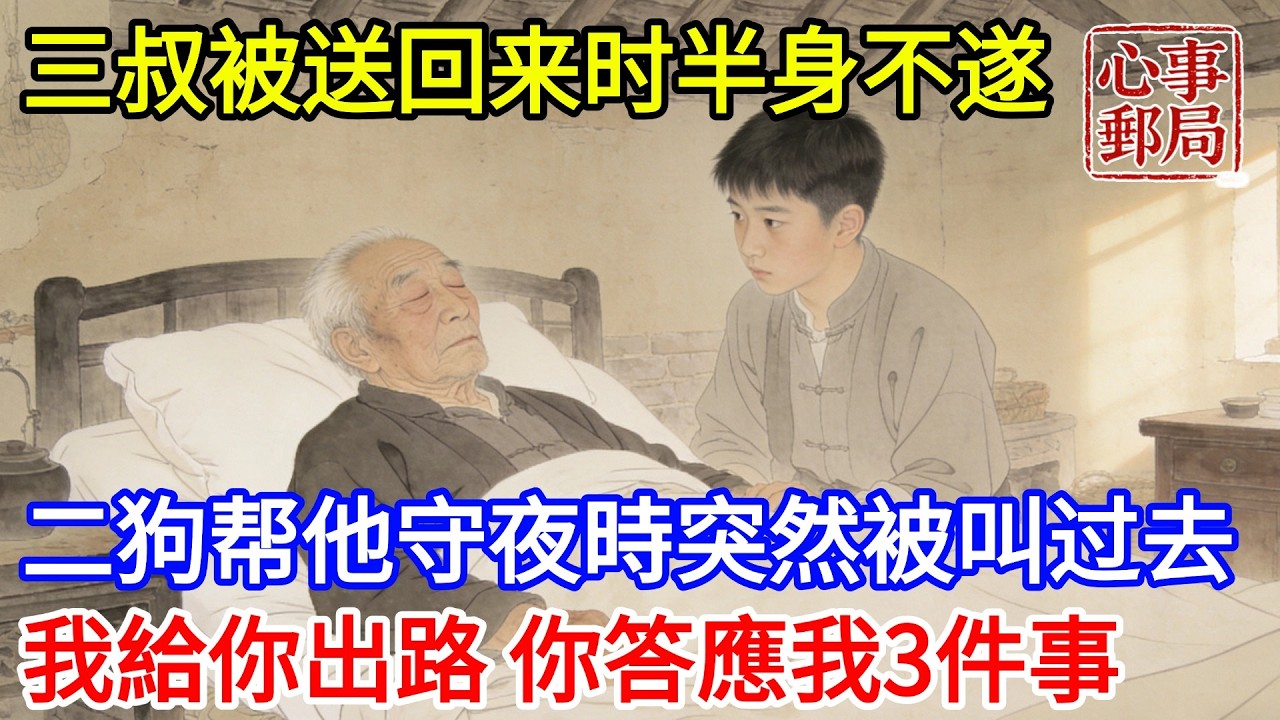 二狗家最有出息的3叔突然被主家辭退，半身不遂被送回村內，二狗每天盡心盡力伺候3叔，晚上守夜時突然被3叔叫醒，你對我好，我也為你找一條出路，把我一生所學傳授給你，但你要答應我3件事#心事郵局#民間故事