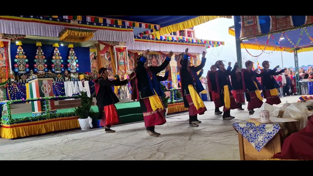 Monpa girls are performing Monpa dance at Yumchen Dolma Lhakhang 