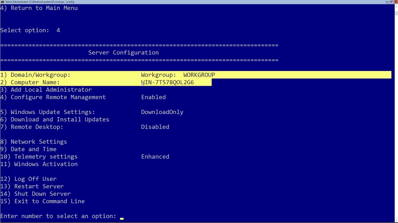 Installing Windows 2016 - Configuring SConfig