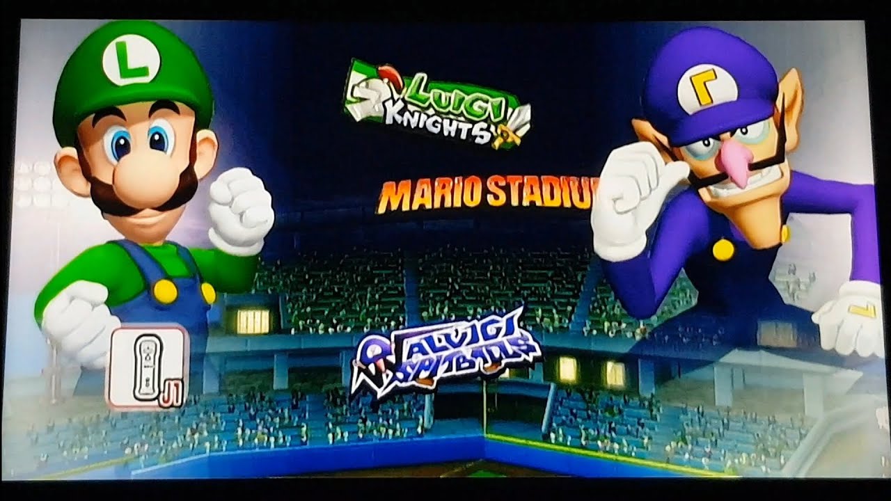 Mario Super Sluggers Luigi Knights Vs Waluigi Spitballs in Mario Stadium Night