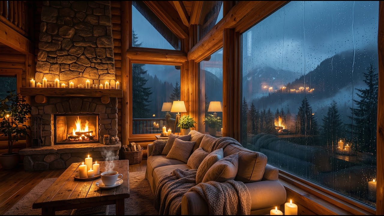 Cozy Rainy Cabin Fireplace 24/7 🌧️🔥 | Mountain Rain Sounds | Warm Indoor Ambience