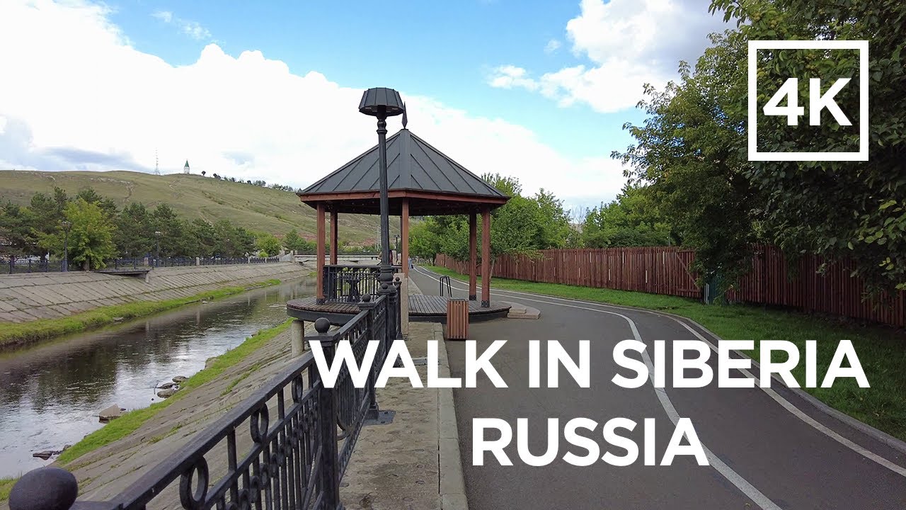 Walking tour around Russian city of Krasnoyarsk (Siberia) - Kacha River Embankment [4k]