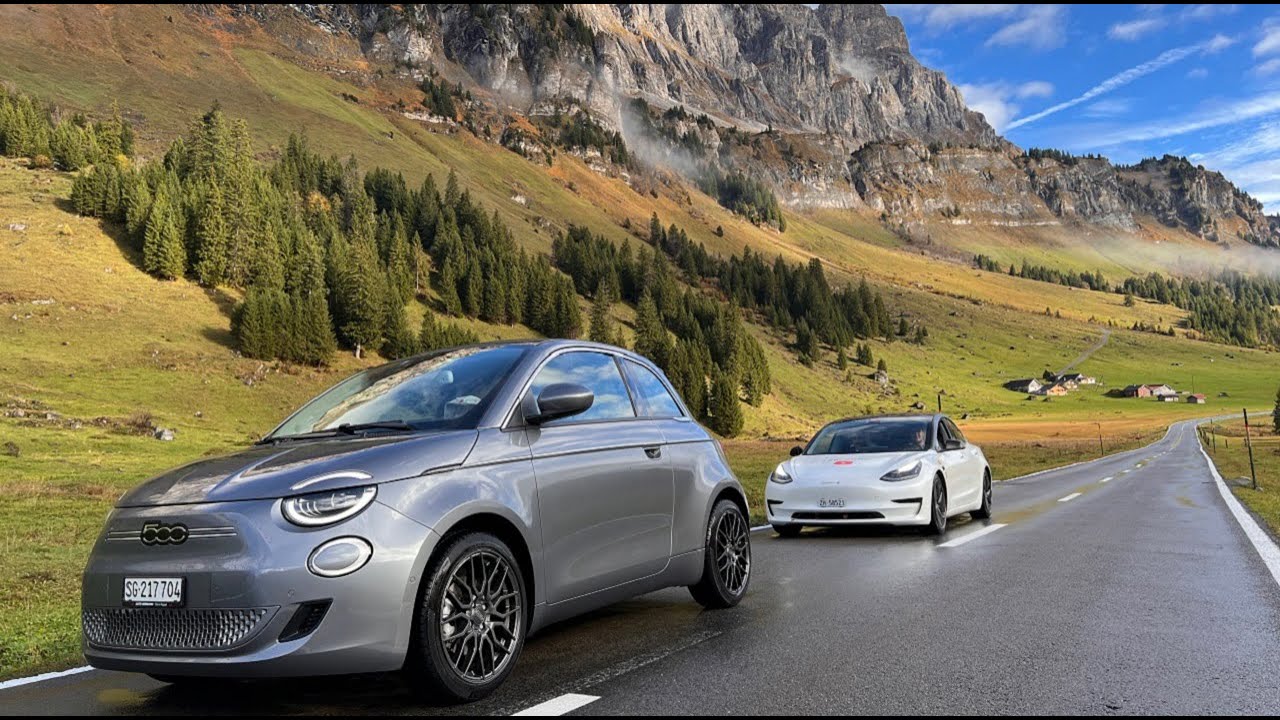 Mit dem Fiat 500e 🚗 und dem Tesla Model 3 🚗 auf den Klausenpass ⚡️🏔️