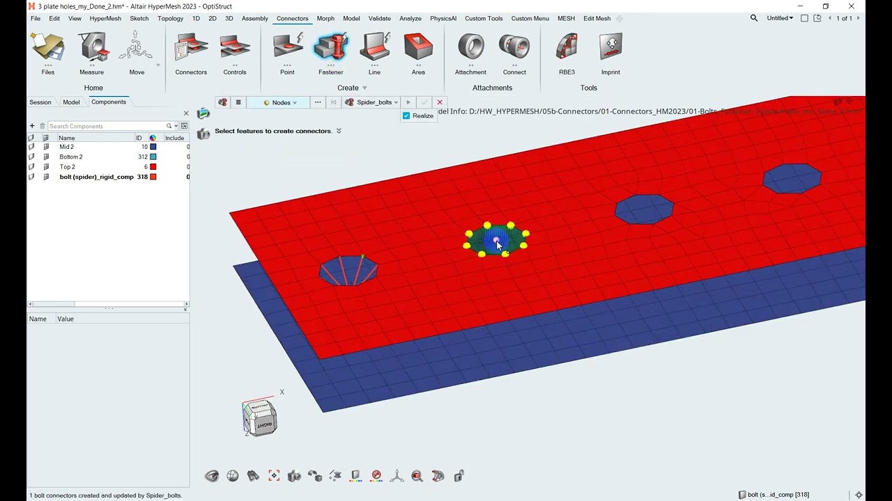 HyperMesh 2023: Create 1D bolts to connect multiple shell plates and Auto trim holes