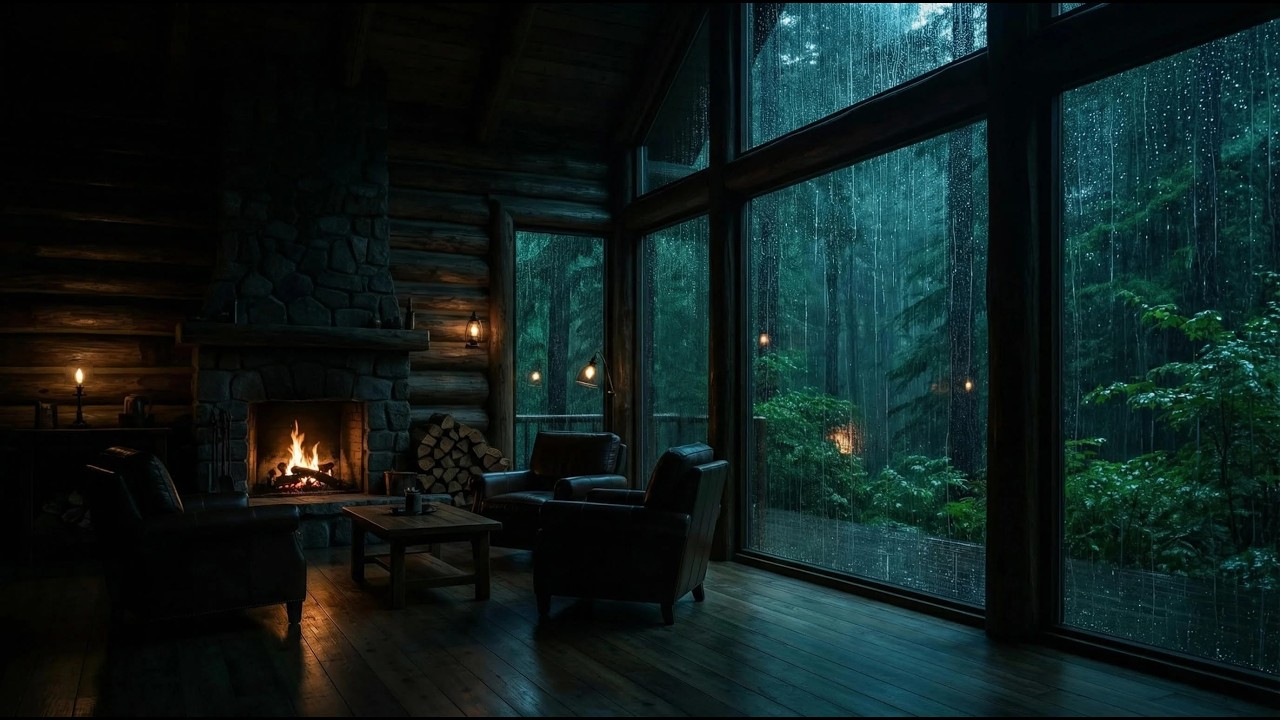 🌧️ Rainy Forest Cabin Fireplace (NO ADS) 🔥 Cozy Window Rain Sounds for Deep Sleep & Relaxation