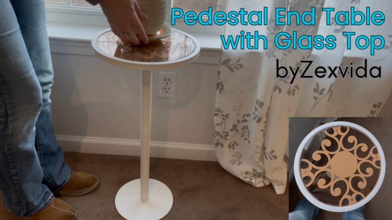 Pedestal End Table w Tempered Amber Glass Top. BOHO. Mid-Century Modern Decor. Drinks Plants Candles