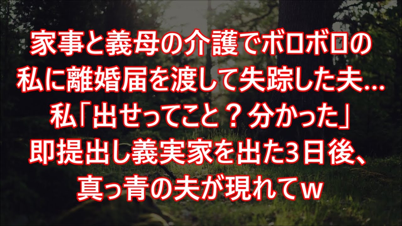 家事と義母の介護でボロボロの私に離婚届を渡して失踪した夫…私「出せってこと？分かった」即提出し義実家を出た3日後、真っ青の夫が現れてｗ