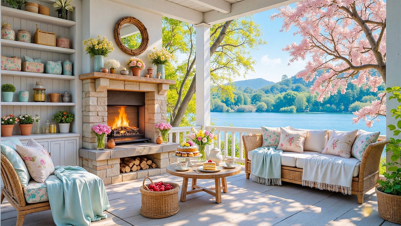Peaceful Spring Lakeside Porch Ambience with Gentle Piano Music🌸Soothing Fireplace for Peaceful Day