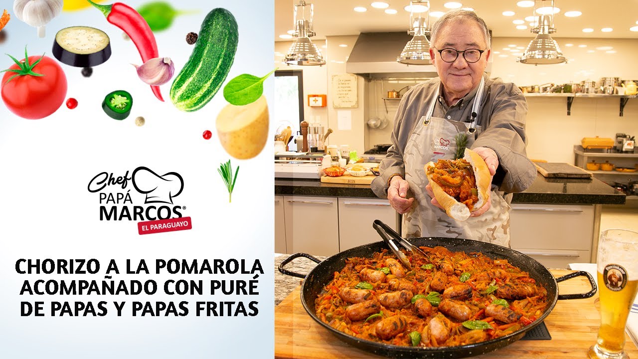 CHORIZO A LA POMAROLA ACOMPAÑADO CON PURÉ DE PAPAS Y PAPAS FRITAS DE CHEF PAPÁ MARCOS
