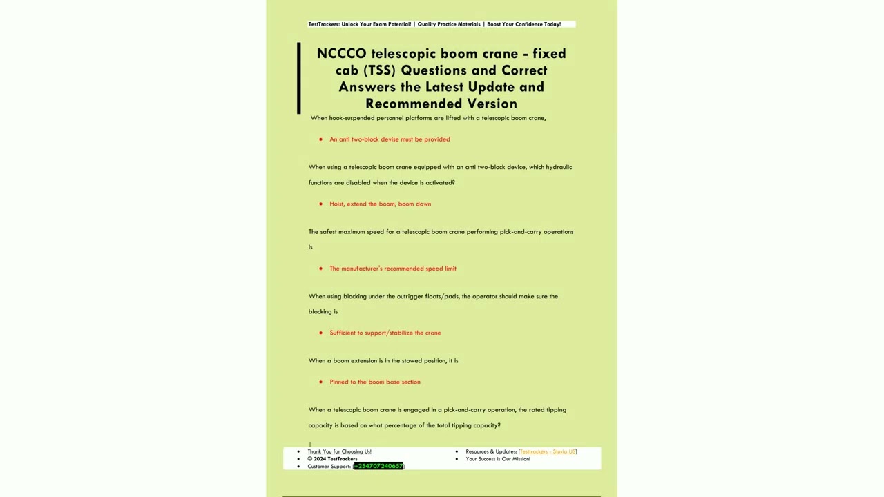 NCCCO telescopic boom crane  fixed  cab TSS Questions and Correct  Answers the Latest Update and  Re