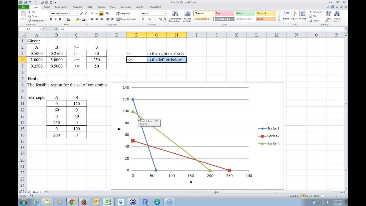 Linear Programming on Excel - finding the feasible region