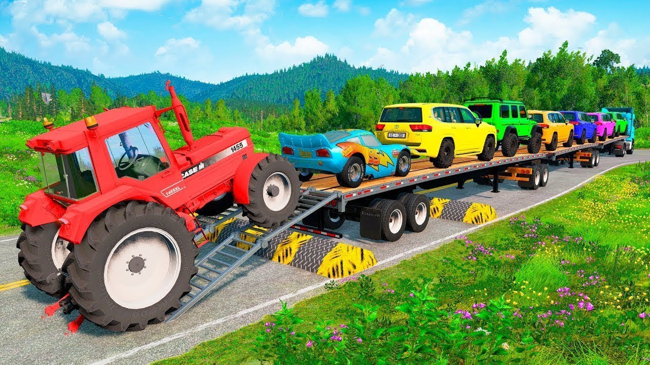TRANSPORTING PIXAR CARS & FRUITS WITH COLORED & JOHN DEERE vs CLAAS vs TRACTORS - BeamNG.drive #962