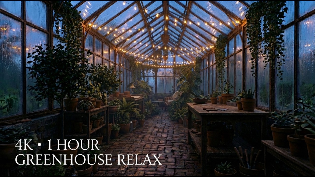 1 Hour Greenhouse Ambience 🌿 | Rain, Plants & Soft Music [4K]