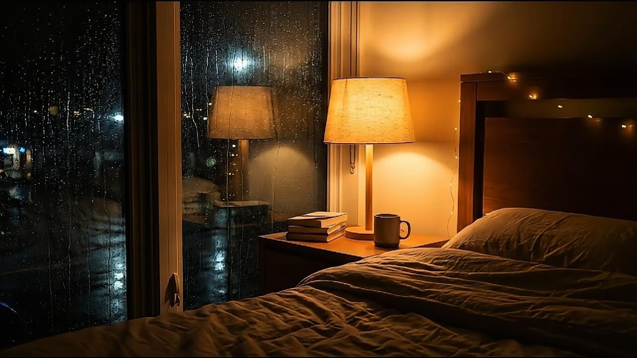 warm night rain beside a bedside lamp