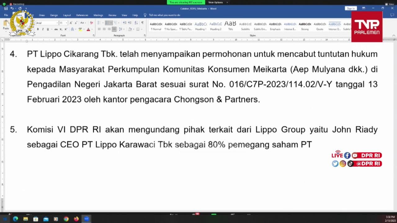LIVE STREAMING - KOMISI VI DPR RI RDPU DENGAN PENGEMBANG APARTEMEN MEIKARTA