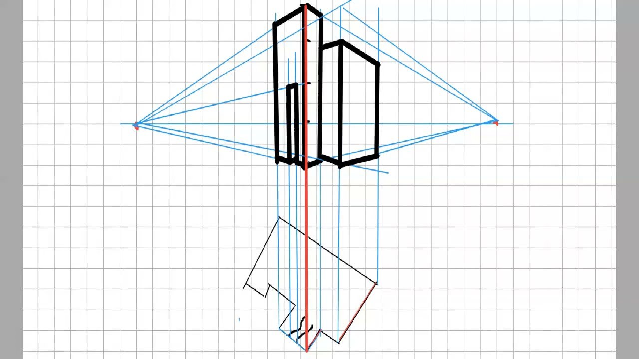 Perspectiva a dos puntos de fuga en una planta arquitectónica