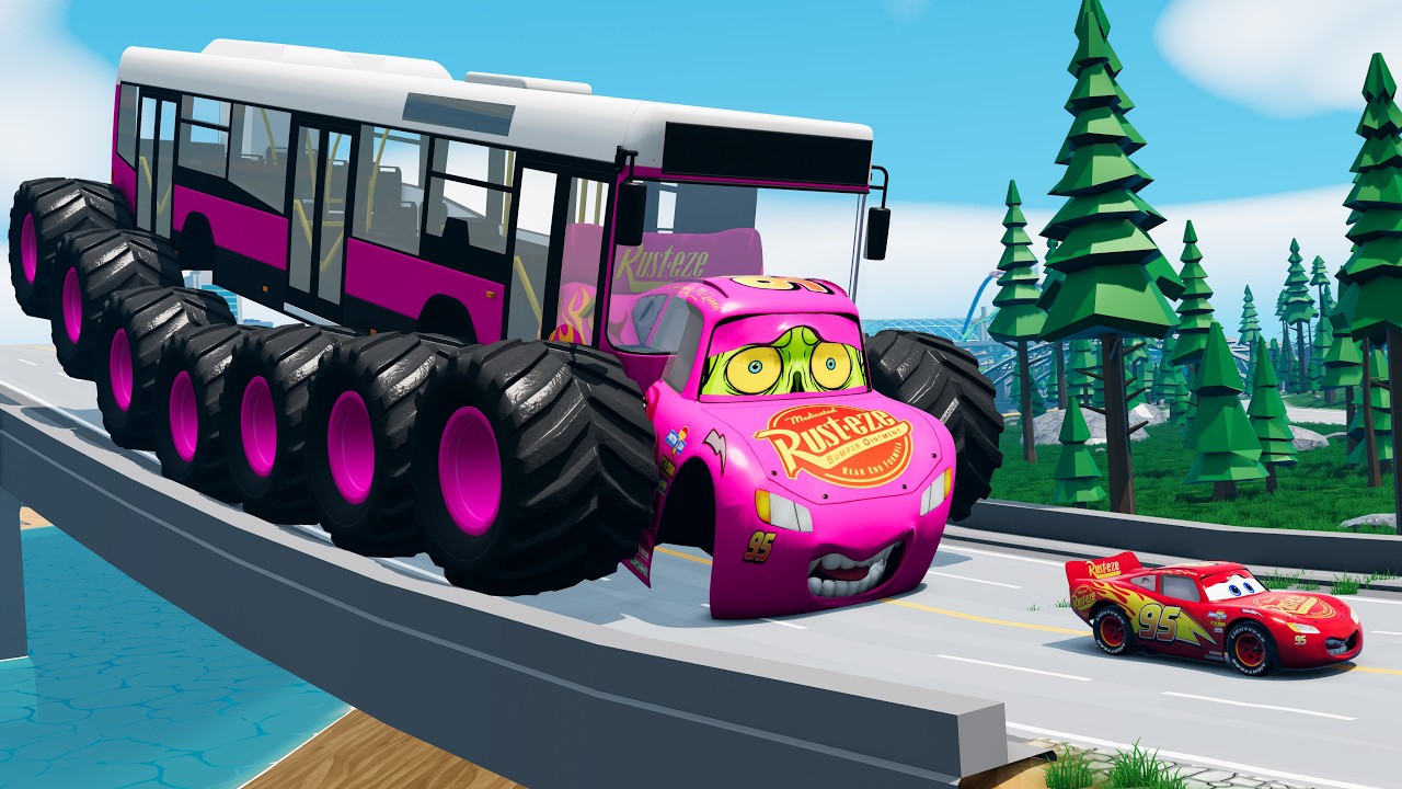 Giant BUS Monster Mack Truck Eater VS Cars Lightning McQueen Escape Monster Beamng Drive #20