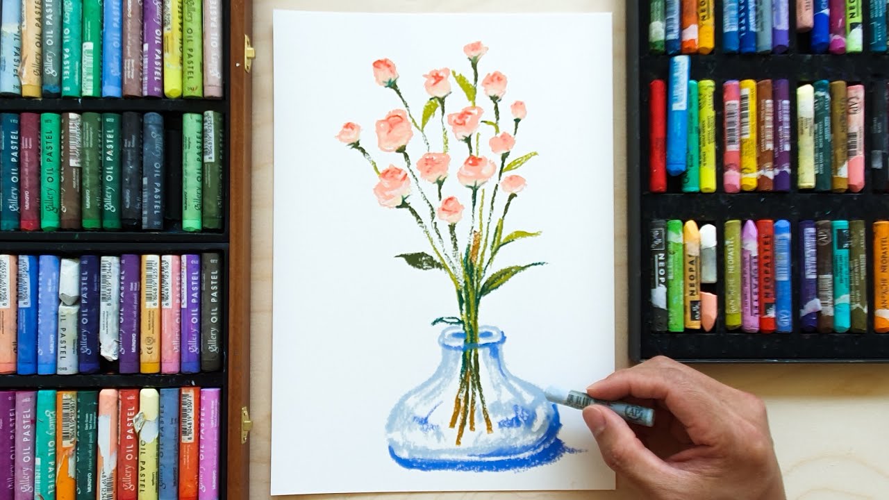 Easy Oil Pastel #6 / How to draw rose flower vase